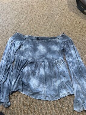 American Eagle Outfitters Blue Tie-Dye Smocked Off-Shoulder Top